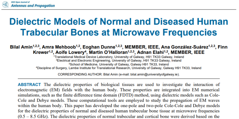 New paper: “Dielectric Models of Normal and Diseased Human Trabecular Bones at Microwave Frequencies”